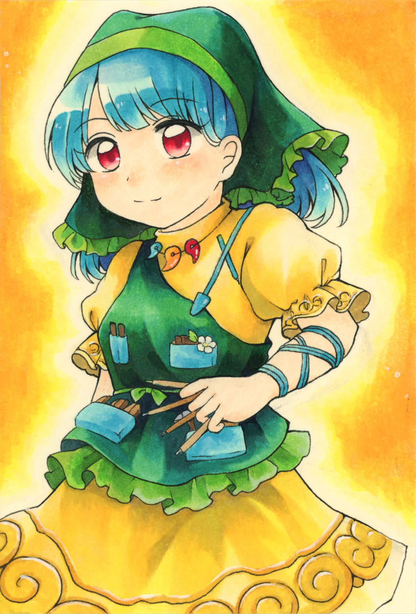 1girl absurdres apron arm_ribbon blue_hair chisel dress flower green_apron green_headwear green_hood haniyasushin_keiki head_scarf highres maa_(forsythia1729) magatama magatama_necklace red_eyes ribbon single_strap tools touhou traditional_media wood_carving_tool yellow_dress yellow_sleeves