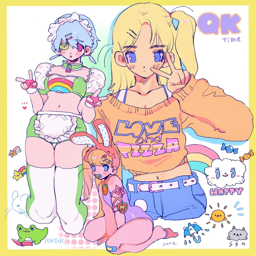 3girls animal_ears belt blonde_hair blue_eyes blue_hair blue_shorts blush clouds eyepatch fake_animal_ears fake_tail fingerless_gloves frog gloves hair_ornament hairclip hand_up highres leotard long_hair long_sleeves midriff multiple_girls navel orange_hair orange_shirt original pink_eyes pink_gloves print_shirt purple_leotard rabbit_ears rabbit_tail shirt short_hair shorts soreeyu_(sore-yu) tail v white_belt