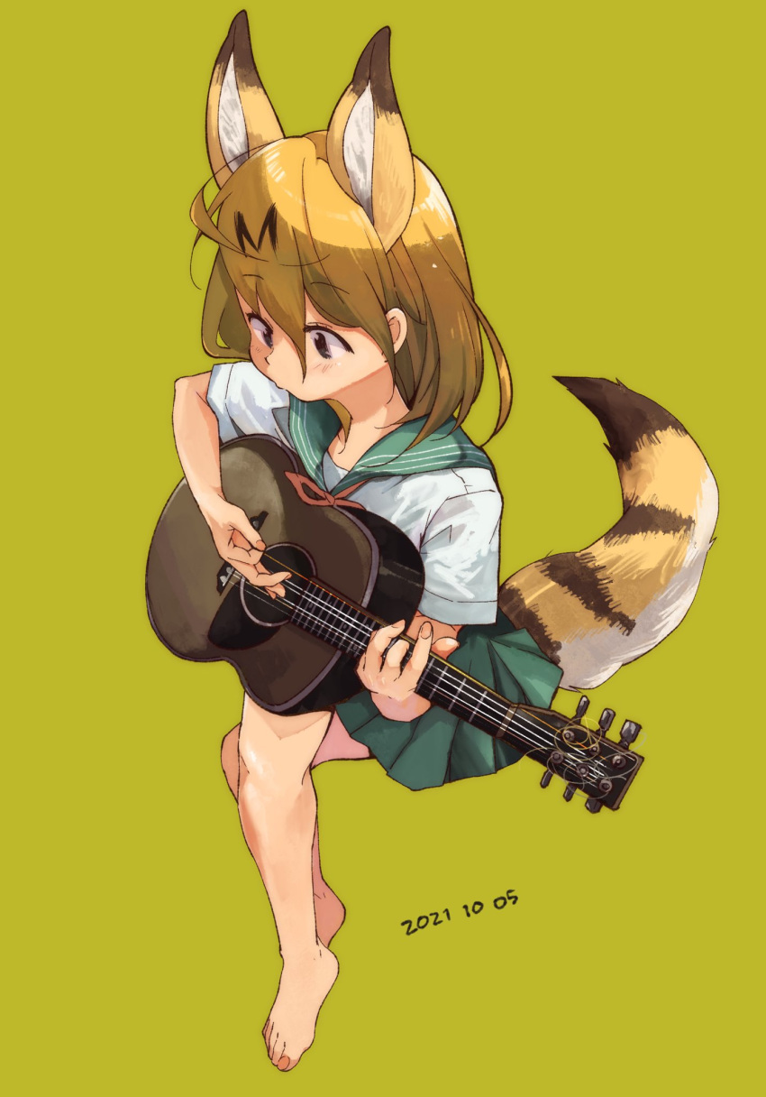 1girl alternate_costume animal_ears bare_legs barefoot blonde_hair bow bowtie cat_ears cat_girl cat_tail collar commentary_request extra_ears eyebrows_visible_through_hair green_collar green_skirt guitar highres instrument kemono_friends music nanana_(nanana_iz) playing_instrument pleated_skirt red_neckwear sailor_collar school_uniform serafuku serval_(kemono_friends) shirt short_hair short_sleeves skirt solo tail white_shirt