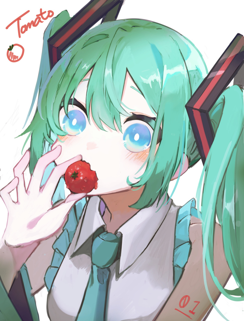 1girl absurdres aqua_hair arm_tattoo bare_shoulders blue_eyes blue_neckwear blush bright_pupils collared_shirt commentary_request detached_sleeves english_text food frills grey_shirt hatsune_miku highres holding holding_food long_hair long_sleeves looking_at_viewer necktie number_tattoo shirt solo tattoo tomato twintails upper_body vocaloid yukihira_makoto