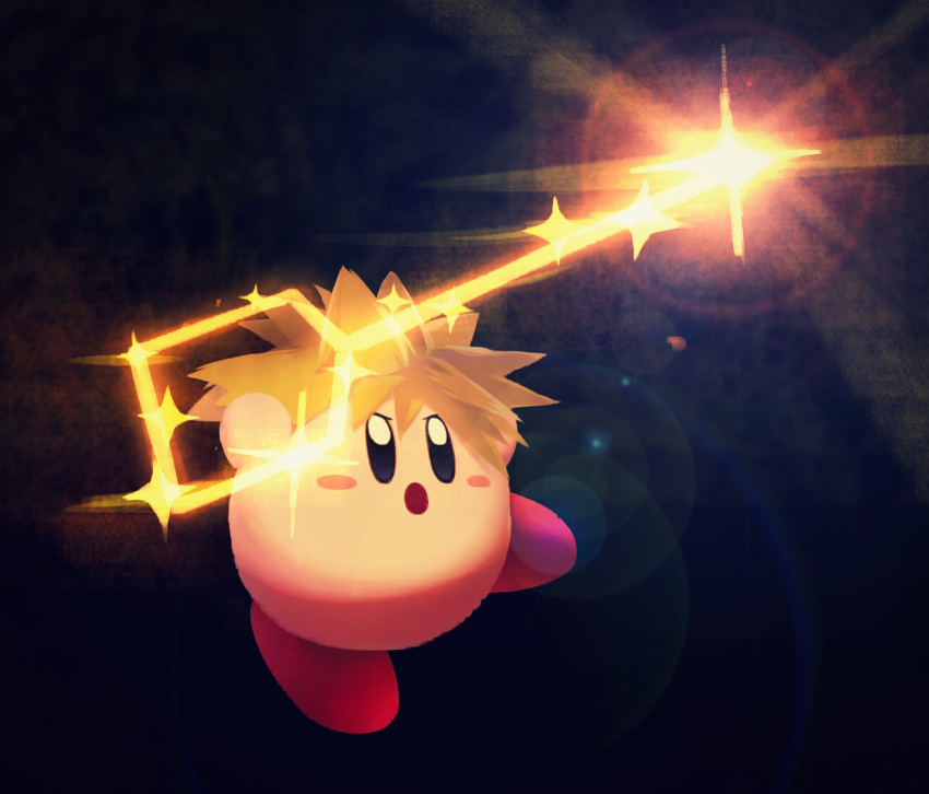 1other black_background black_eyes blush_stickers brown_hair copy_ability energy_weapon glowing holding holding_weapon keyblade kingdom_hearts kirby kirby_(series) nintendo no_humans open_mouth other_focus sora_(kingdom_hearts) sparkle spiky_hair super_smash_bros. suyasuyabi weapon
