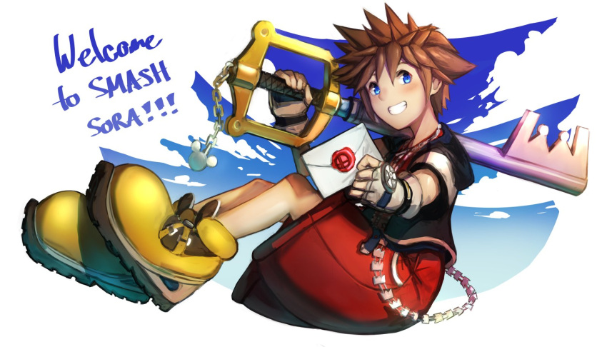 1boy blue_eyes brown_hair fingerless_gloves gloves hood ippers jewelry keyblade kingdom_hearts kingdom_hearts_i male_focus necklace open_mouth short_hair smash_invitation smile solo sora_(kingdom_hearts) spiky_hair super_smash_bros.