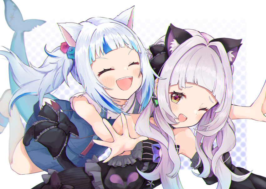2girls :d animal_costume animal_ears bankamba black_dress black_ribbon black_sleeves black_tail blue_hair blurry blurry_background cat_ears cat_tail closed_eyes commentary_request detached_sleeves dress fish_tail gawr_gura glomp hair_cubes hair_ornament hair_ribbon highres hololive hololive_english hug hug_from_behind long_hair medium_hair multicolored_hair multiple_girls murasaki_shion one_eye_closed open_mouth ribbon sandals shark_costume shark_girl shark_tail sharp_teeth short_sleeves side_ponytail silver_hair smile streaked_hair suspenders tail tail_ornament tail_ribbon teeth virtual_youtuber white_footwear yellow_eyes