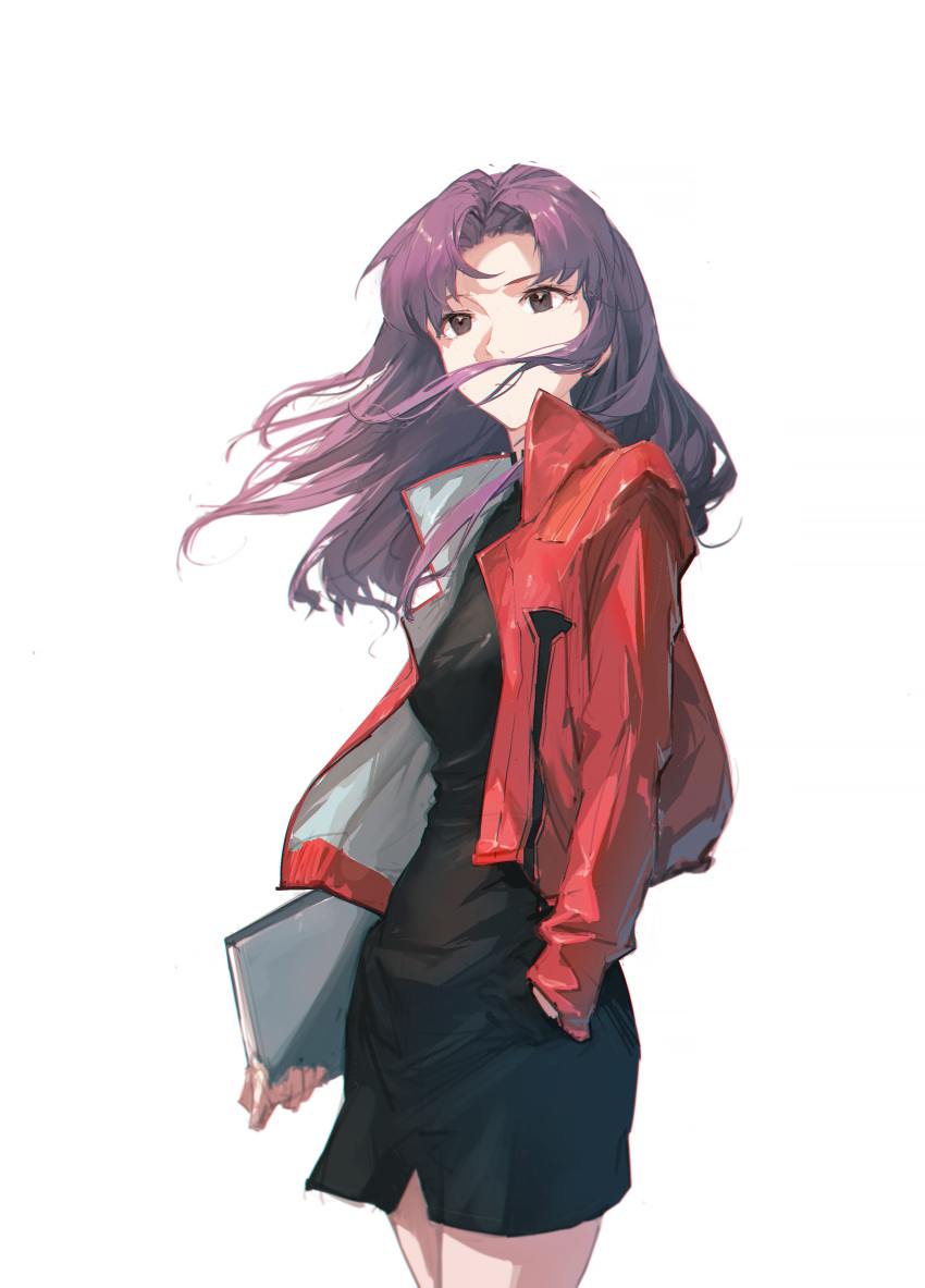 1girl absurdres bangs black_dress breasts brown_eyes closed_mouth collared_dress collared_jacket cowboy_shot cropped_jacket dino_(dinoartforame) dress floating_hair highres jacket jewelry katsuragi_misato long_hair long_sleeves looking_to_the_side neon_genesis_evangelion nerv open_clothes open_jacket parted_bangs purple_hair red_jacket short_dress solo standing white_background