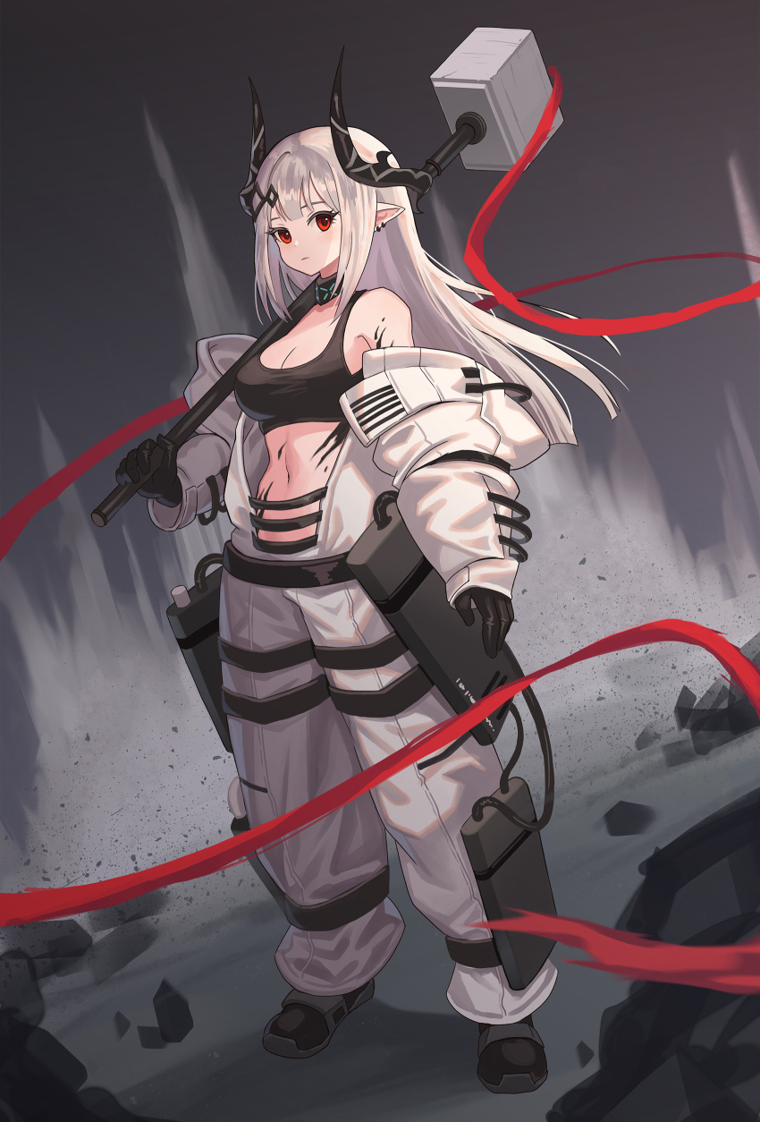 1girl absurdres arknights black_bra black_footwear black_gloves bra coat demon_horns elite_ii_(arknights) expressionless gloves grey_background grey_hair ha_seung hair_ornament hammer highres holding holding_hammer holding_weapon horns infection_monitor_(arknights) long_hair looking_at_viewer mudrock_(arknights) navel open_clothes open_coat oripathy_lesion_(arknights) pants pointy_ears red_eyes sidelocks solo standing stomach underwear war_hammer weapon white_coat white_pants