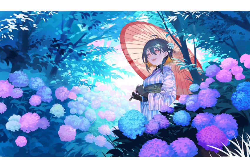 1girl ahoge bangs black_gloves blue_flower blue_nails braid breasts commentary_request flower gloves grey_hair hair_between_eyes hair_flower hair_ornament hatomugi_seika highres holding holding_umbrella japanese_clothes kimono leaf letterboxed looking_at_viewer looking_down medium_breasts mole mole_under_eye mole_under_mouth multicolored_hair obi oil-paper_umbrella open_mouth orange_hair original outdoors partially_fingerless_gloves pink_flower plant purple_flower sash scenery smile solo striped striped_kimono teeth two-tone_hair umbrella upper_body wide_shot