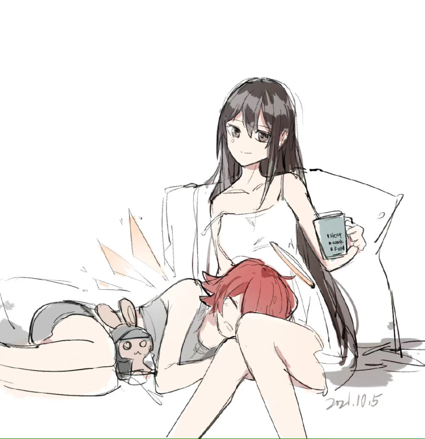 2girls arknights bare_legs blush brown_eyes brown_hair closed_eyes closed_mouth coffee_mug cup dated detached_wings doctor_(arknights) dress energy_wings english_text exusiai_(arknights) feet_out_of_frame female_doctor_(arknights) grey_shorts halo holding holding_cup lap_pillow long_hair lying mug multiple_girls on_side pillow redhead short_hair short_shorts shorts simple_background sitting sleeping sleeveless sleeveless_dress smile stuffed_animal stuffed_bunny stuffed_toy tank_top tianye_toshi very_long_hair white_background white_dress wings yuri