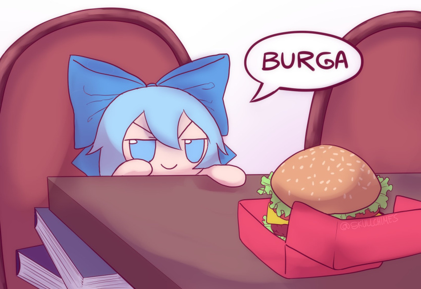 1girl bangs blue_bow blue_dress blue_eyes blue_hair book book_stack bow box burger chair cheese cirno dress english_text food hair_bow highres lettuce short_hair short_sleeves skullchimes smile solo speech_bubble table tomato touhou twitter_username typo v-shaped_eyebrows