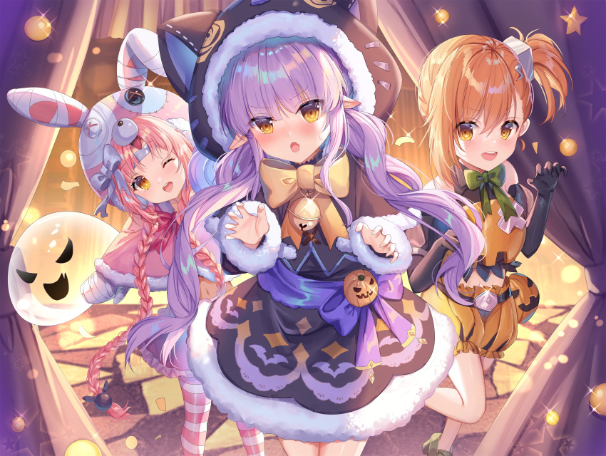 3girls :d ;d absurdres animal_ears animal_hat animal_hood bandaged_hand bandages bare_shoulders black_capelet black_gloves black_jacket black_shirt black_skirt blush braid brown_eyes brown_hair bunny_hat capelet cat_hood collared_shirt commentary_request earmuffs elbow_gloves fake_animal_ears fang feet_out_of_frame frilled_skirt frills fur-trimmed_capelet fur-trimmed_hood fur-trimmed_sleeves fur_trim ghost gloves green_footwear halloween hat highres hood hood_up hooded_capelet jacket kyouka_(princess_connect!) leaning_to_the_side loafers long_sleeves low_twintails mimi_(princess_connect!) misogi_(princess_connect!) multiple_girls navel one_eye_closed open_mouth orange_shorts pantyhose pink_capelet pink_hair pink_skirt pointy_ears princess_connect! puffy_shorts purple_hair rabbit_ears shanguier shirt shoes short_shorts shorts side_ponytail skirt sleeveless sleeveless_shirt smile standing striped striped_legwear teeth twin_braids twintails upper_teeth