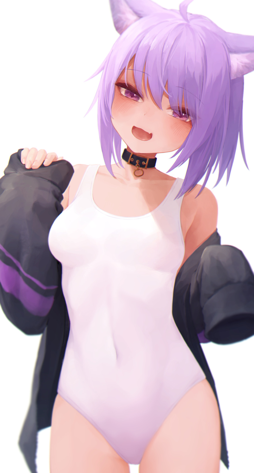 1girl absurdres ahoge animal_collar animal_ear_fluff animal_ears bangs bare_shoulders black_jacket buckle cat_ears collar collarbone covered_navel cowboy_shot eyebrows_visible_through_hair hands_up highres hololive jacket looking_at_viewer medium_hair nanome_to nekomata_okayu off_shoulder open_mouth purple_hair school_swimsuit sidelocks smile solo standing swimsuit thighs violet_eyes virtual_youtuber white_background white_swimsuit