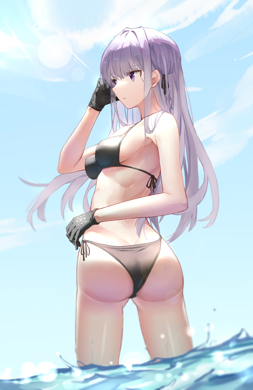 1girl absurdres ass bangs bare_shoulders bikini black_bikini black_gloves black_ribbon braid breasts commentary_request danganronpa:_trigger_happy_havoc danganronpa_(series) danganronpa_s:_ultimate_summer_camp eyebrows_visible_through_hair from_behind gloves hair_ornament hair_ribbon highres kirigiri_kyouko long_hair medium_breasts ribbon side-tie_bikini smilent solo swimsuit violet_eyes wading water