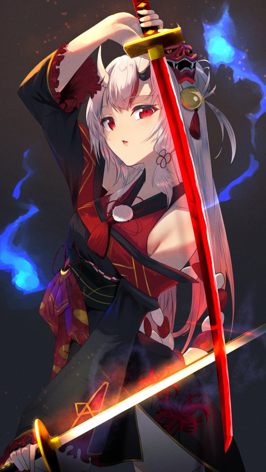1girl bare_shoulders bell clothing_cutout dual_wielding floral_print grey_background hair_bell hair_ornament hair_ribbon highres hitodama holding hololive horns katana long_hair long_sleeves looking_at_viewer mask mask_on_head multicolored_hair nakiri_ayame oni_horns oni_mask parted_lips red_eyes ribbon shoulder_cutout solo streaked_hair sword tress_ribbon virtual_youtuber weapon white_hair yoruillust