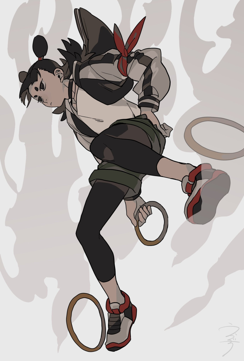 1boy black_choker black_eyes black_hair black_legwear camouflage camouflage_shorts choker double_bun drruraguchi floating floating_object highres hoop jacket legwear_under_shorts nezha_(the_legend_of_luoxiaohei) shirt shorts solo the_legend_of_luo_xiaohei white_shirt