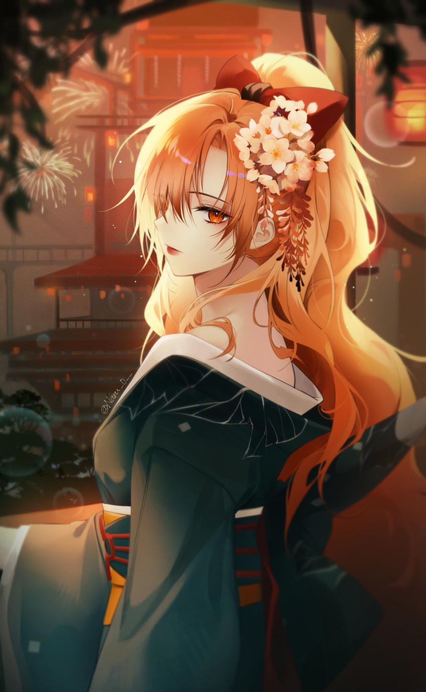 1girl absurdres architecture bare_shoulders bow bubble commission commissioner_upload destiny_(riftdevils) east_asian_architecture fireworks flower hair_flower hair_ornament hair_over_one_eye high_ponytail highres japanese_clothes kimono long_hair naru_0 original red_eyes redhead scenery solo very_long_hair