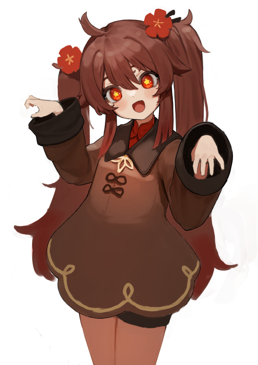 1girl :d ahoge bangs brown_dress brown_hair claw_pose collared_shirt cowboy_shot dress flasso flower genshin_impact hair_flower hair_ornament hands_up highres hu_tao_(genshin_impact) long_hair long_sleeves looking_at_viewer open_mouth red_flower red_shirt shirt simple_background smile solo twintails white_background