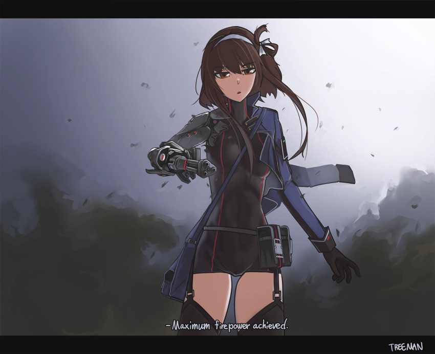 1girl :o artist_name black_bodysuit black_gloves black_legwear bodysuit breasts brown_hair damaged english_text eyebrows_visible_through_hair feet_out_of_frame girls_frontline gloves hair_ornament hairband highres looking_at_viewer mechanical_arms mechanical_parts medium_breasts medium_hair open_mouth prosthesis red_eyes simple_background single_mechanical_arm smoke solo standing thigh-highs treeman type_79_(girls'_frontline) white_hairband
