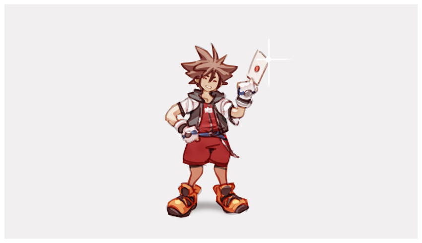 1boy brown_hair closed_eyes commentary cropped_jacket english_commentary fingerless_gloves full_body gloves grey_background highres jewelry kingdom_hearts kingdom_hearts_i letter male_focus necklace nin_nakajima short_jumpsuit simple_background smash_invitation smile solo sora_(kingdom_hearts) spiky_hair super_smash_bros. white_gloves yellow_footwear