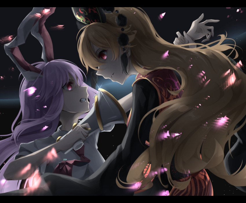2girls animal_ears bangs black_sleeves chinese_clothes clenched_teeth english_commentary eyebrows_visible_through_hair finger_on_trigger hair_between_eyes highres holding_another's_arm junko_(touhou) light_purple_hair light_smile long_hair long_sleeves looking_at_another lunatic_gun multiple_girls necktie orange_hair otomeza_ryuseigun phoenix_crown rabbit_ears red_eyes red_neckwear reisen_udongein_inaba serious shirt short_sleeves simple_background sparkle tassel teeth touhou v-shaped_eyebrows white_background white_shirt wide_sleeves