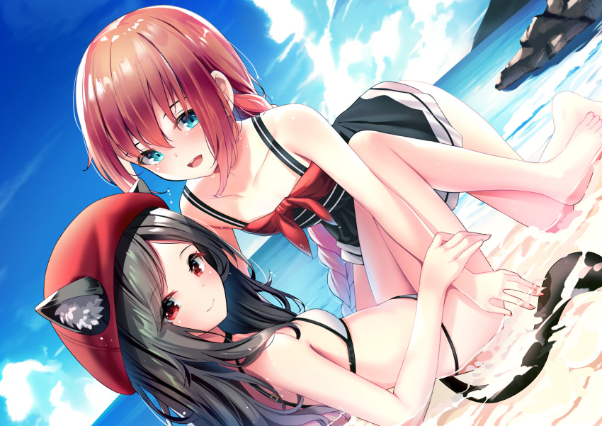 2girls all_fours animal_ears bangs barefoot bikini black_hair blue_eyes blush bow braid braided_ponytail breasts cat_ears cat_tail day dress dutch_angle ears_through_headwear eyebrows_visible_through_hair hat highres leaning_back loli long_hair looking_at_viewer multiple_girls open_mouth original outdoors parted_bangs red_bow red_eyes redhead sitting small_breasts smile swimsuit tail water wet yan_(nicknikg)