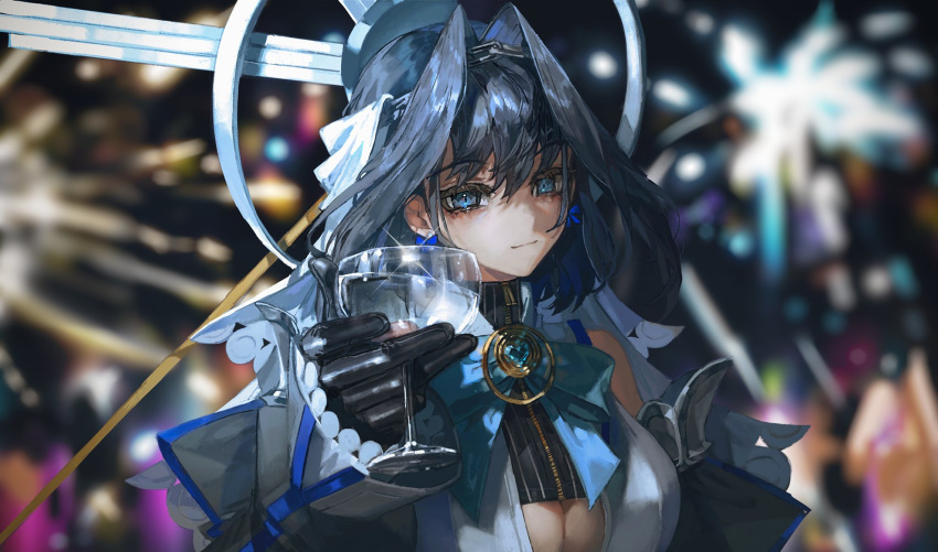 1girl black_gloves blue_cape blue_hair blue_ribbon breasts cape chain cleavage_cutout clothing_cutout detached_sleeves gloves hair_intakes halo headband heart-shaped_gem highres hololive hololive_english large_breasts mechanical_halo ouro_kronii quasarcake ribbon sailor_collar shirt short_hair sleeveless sleeveless_shirt solo sweater turtleneck turtleneck_sweater under_boob veil virtual_youtuber zipper