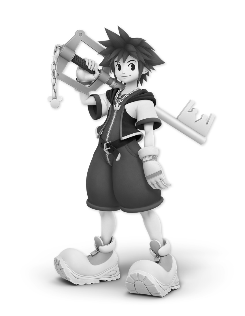 1boy 3d artist_request bangs belt chain closed_mouth collarbone crotch_zipper disney fingerless_gloves full_body gloves greyscale happy highres holding holding_sword holding_weapon hood hood_down hooded_jacket jacket jewelry keyblade kingdom_hearts kingdom_hearts_ii looking_to_the_side male_focus mickey_mouse monochrome necklace official_art open_clothes open_jacket over_shoulder shoes short_hair short_sleeves sidelocks smile solo sora_(kingdom_hearts) spiky_hair super_smash_bros. sword toon_(style) transparent_background v-shaped_eyebrows weapon weapon_over_shoulder wide_sleeves zipper zipper_pull_tab