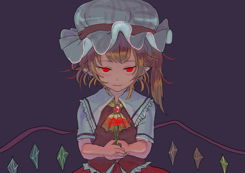 1girl 3735geriragouki absurdres ascot bangs blonde_hair brooch closed_mouth commentary_request crystal dark_background flandre_scarlet flat_chest flower frilled_shirt_collar frills half-closed_eyes hat highres holding holding_flower jewelry light_smile looking_at_viewer mob_cap one_side_up pointy_ears purple_background red_flower red_vest ringed_eyes short_sleeves simple_background solo spider_lily touhou tsurime upper_body vest white_headwear wings yellow_neckwear