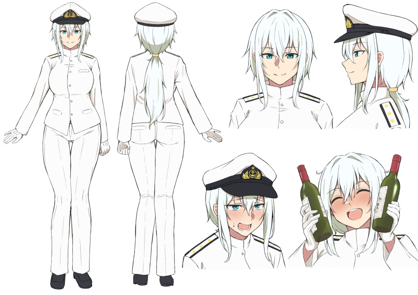 alcohol blush bottle expressions female_admiral_(kancolle) gloves hat highres kantai_collection long_hair military military_uniform naval_uniform open_mouth peaked_cap smile sweat takaman_(gaffe) uniform