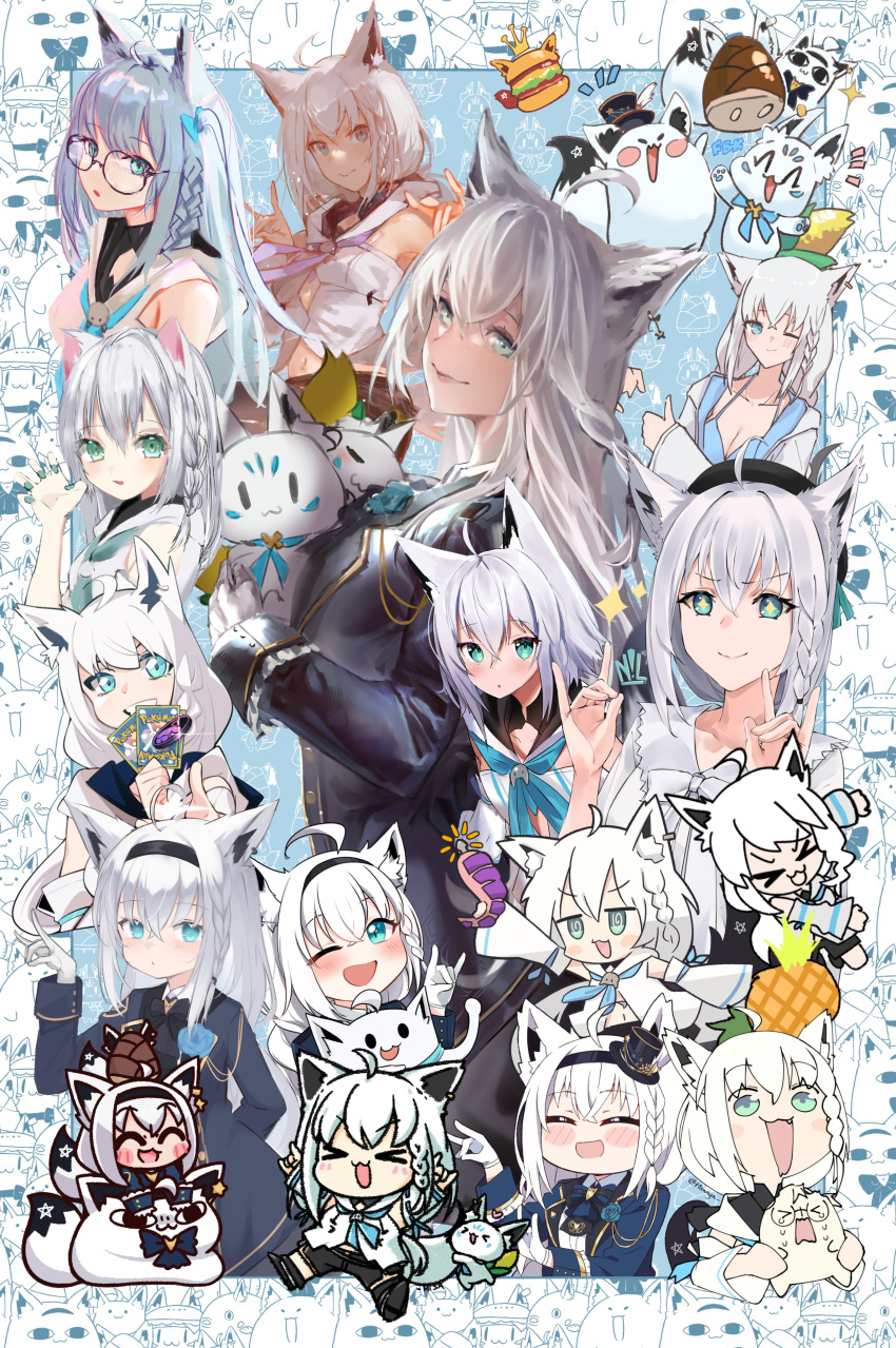 1girl absurdres aqua_eyes asacoco blue_jacket bow bowtie braid burger card chroneco collaboration dokuro_deluxe food grey_hair hat highres hololive hyde_(tabakko) jacket kayjae klaius kukie-nyan lyrinne maru_ccy mittsu moemoepiano multiple_views nillith pokemon potato7192 ronin_(zeth_total) shirakami_fubuki shirt tian_nya tsukino_(nakajimaseiki) wakatsuki_misato white_shirt