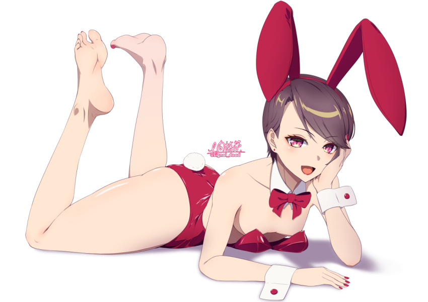 1girl animal_ears barefoot bow bowtie breasts brown_hair commentary_request dated detached_collar fake_animal_ears gundou_mirei hand_on_own_face leotard lying nail_polish nijisanji on_stomach playboy_bunny rabbit_ears rabbit_tail red_eyes red_leotard red_neckwear short_hair signal_dead signature simple_background small_breasts smile solo strap_slip strapless strapless_leotard tail virtual_youtuber white_background wrist_cuffs