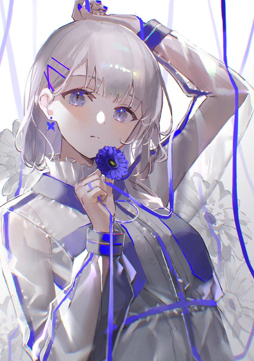 1girl absurdres arm_up bangs blue_eyes blue_nails blue_ribbon blush breasts closed_mouth commentary dress earrings eyebrows_visible_through_hair flower frills grey_hair hair_ornament hairclip hand_up highres holding holding_flower holding_ribbon jacket jewelry looking_at_viewer medium_hair original oyuyu ribbon see-through see-through_jacket see-through_sleeves small_breasts solo upper_body white_dress