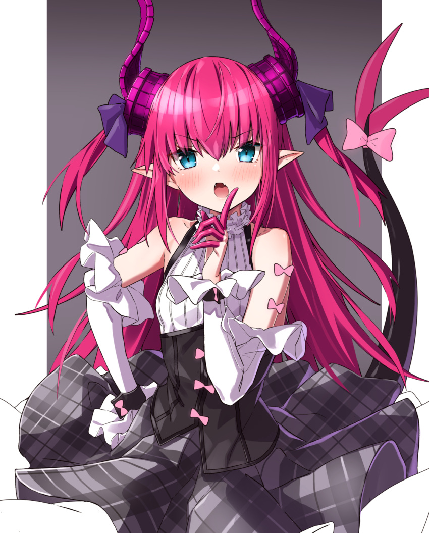 1girl asymmetrical_horns bare_shoulders black_corset blue_eyes blush bow corset detached_sleeves dragon_girl dragon_horns dragon_tail elizabeth_bathory_(fate) elizabeth_bathory_(fate)_(all) elizabeth_bathory_(fate/extra_ccc) fangs fate/extra fate/extra_ccc fate/grand_order fate_(series) finger_to_mouth framed grey_skirt halter_top halterneck highres horns idol_clothes long_hair looking_at_viewer open_mouth pink_bow pink_hair plaid plaid_skirt pointy_ears simple_background skirt solo tail tail_bow tail_ornament tail_raised takanashi_kei_(hitsujikan) white_sleeves