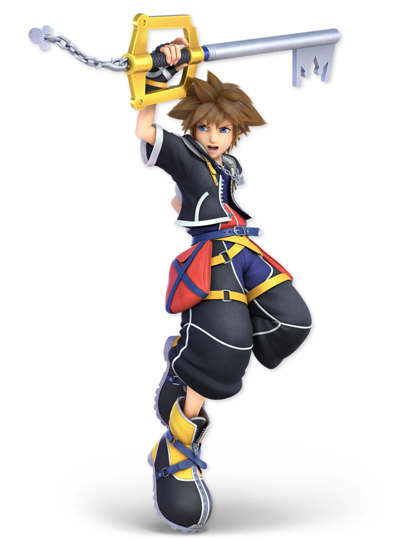1boy 3d arm_up artist_request baggy_pants bangs belt black_footwear black_gloves black_jacket black_pants blue_eyes blue_shirt brown_hair chain cropped_jacket disney fighting_stance fingerless_gloves full_body gloves highres holding holding_sword holding_weapon jacket jewelry keyblade kingdom_hearts kingdom_hearts_ii leg_up looking_to_the_side male_focus mickey_mouse necklace official_art open_clothes open_jacket open_mouth pants pouch shirt shirt_tucked_in shoes short_hair short_sleeves sidelocks solo sora_(kingdom_hearts) spiky_hair standing standing_on_one_leg super_smash_bros. sword teeth transparent_background v-shaped_eyebrows weapon wide_sleeves zipper zipper_pull_tab