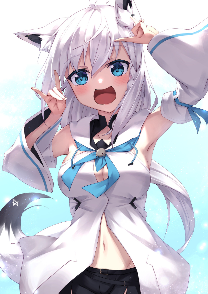 1girl absurdres ahoge animal_ear_fluff animal_ears armpits bangs blue_eyes blush braid collarbone commentary_request detached_sleeves eyebrows_visible_through_hair fox_ears fox_girl fox_shadow_puppet fox_tail highres hololive looking_at_viewer masaki_(msk064) midriff navel shirakami_fubuki solo tail virtual_youtuber white_hair