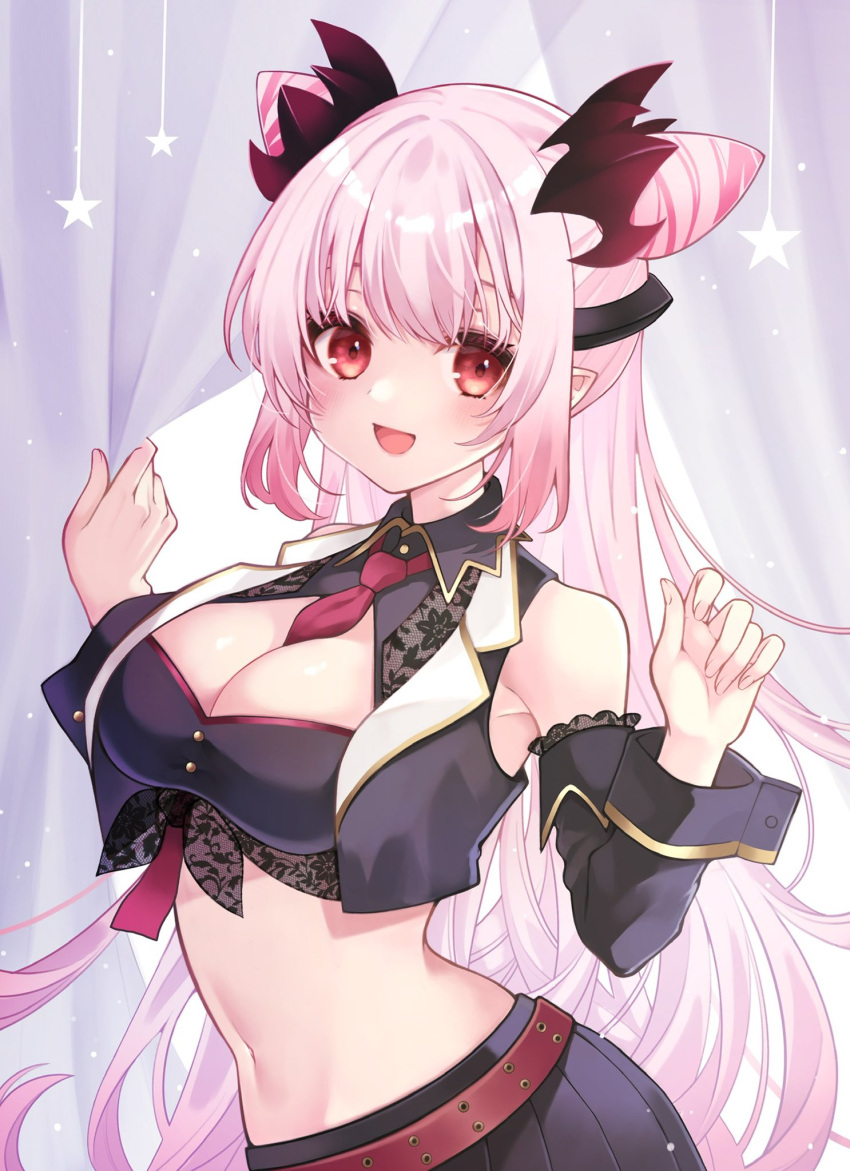 1girl 774_inc. armpit_peek breasts curtains demon_girl fingernails gradient_hair hands_up highres honey_strap horns long_hair looking_at_viewer medium_breasts midriff multicolored_hair navel pink_hair pointy_ears red_eyes skirt smile solo standing suou_patra toramaru_(toramal9831) very_long_hair virtual_youtuber