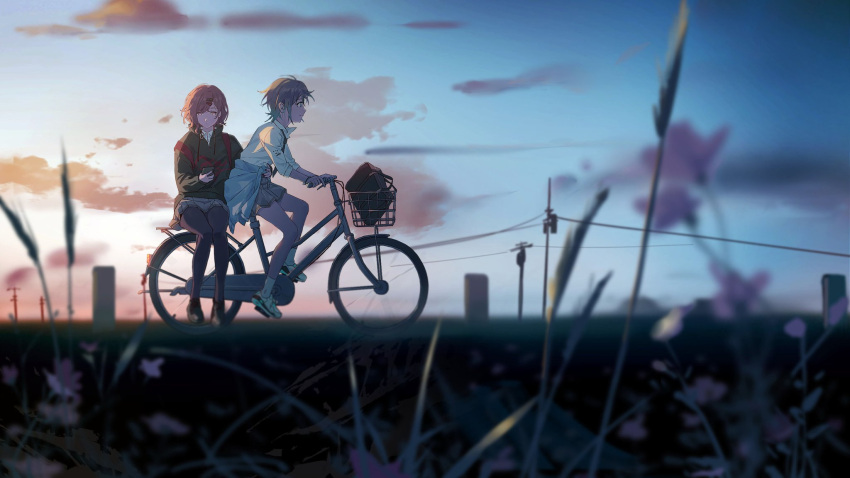 2girls arm_around_waist asakura_tooru bicycle_basket black_legwear blurry blurry_foreground clothes_around_waist clouds depth_of_field flower grass highres higuchi_madoka hug idolmaster idolmaster_shiny_colors jacket jacket_around_waist looking_at_phone looking_away multiple_girls outdoors pantyhose phone riding_bicycle school_uniform short_hair sitting sunset yannn