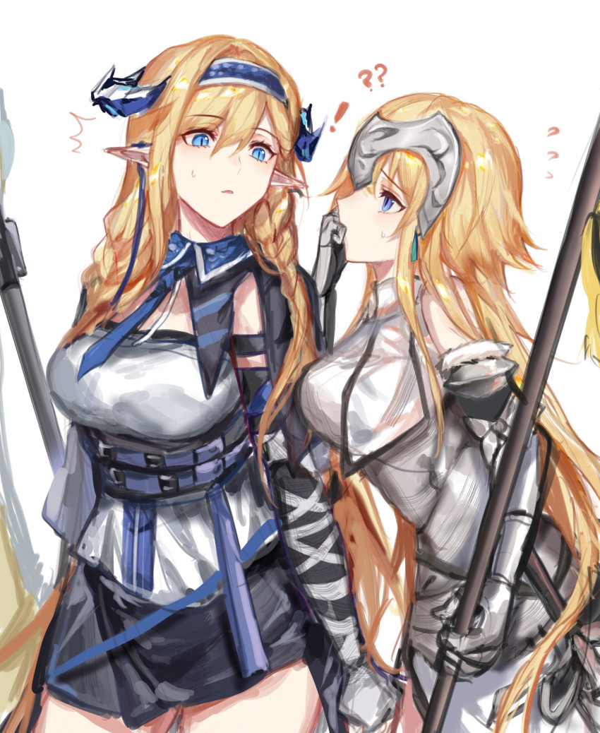 2girls ^^^ arknights bangs bare_shoulders blonde_hair blue_eyes blue_hairband blue_neckwear breasts cowboy_shot elbow_gloves eyebrows_visible_through_hair fate/apocrypha fate_(series) gloves hair_between_eyes hairband highres horns jeanne_d'arc_(fate) jeanne_d'arc_(fate/apocrypha) large_breasts long_hair looking_at_another multiple_girls necktie pointy_ears profile saileach_(arknights) shirt simple_background standing trait_connection very_long_hair white_background white_shirt zuo_daoxing