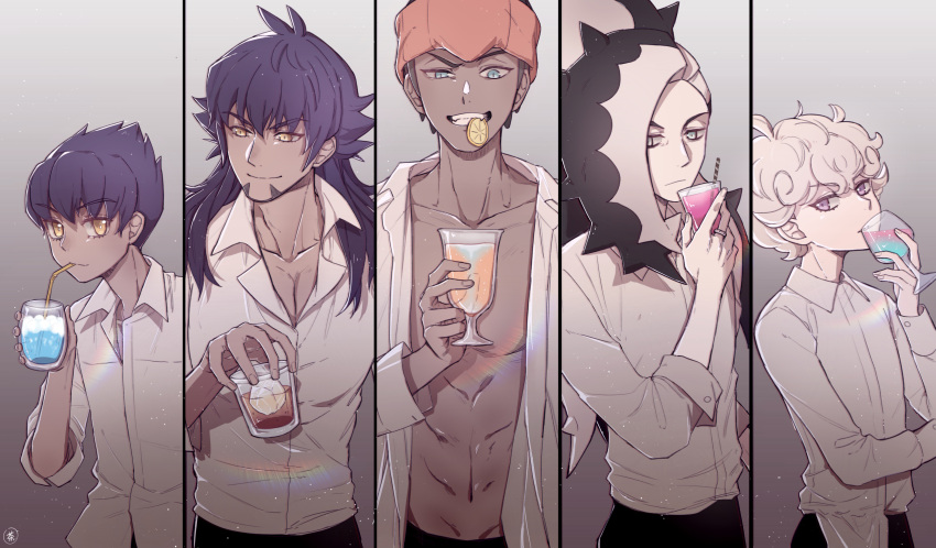 5boys abs absurdres alternate_costume bangs bede_(pokemon) black_hair black_pants closed_mouth collarbone collared_shirt commentary_request cup dark-skinned_male dark_skin drinking drinking_straw eyebrows_visible_through_hair food fruit glass grey_hair highres holding holding_cup hop_(pokemon) jewelry lemon lemon_slice leon_(pokemon) long_hair male_focus mouth_hold multicolored_hair multiple_boys nai_gai_hongcha open_clothes open_shirt orange_headband pants piers_(pokemon) pokemon pokemon_(game) pokemon_swsh purple_hair raihan_(pokemon) ring shirt short_hair sleeves_rolled_up smile teeth two-tone_hair