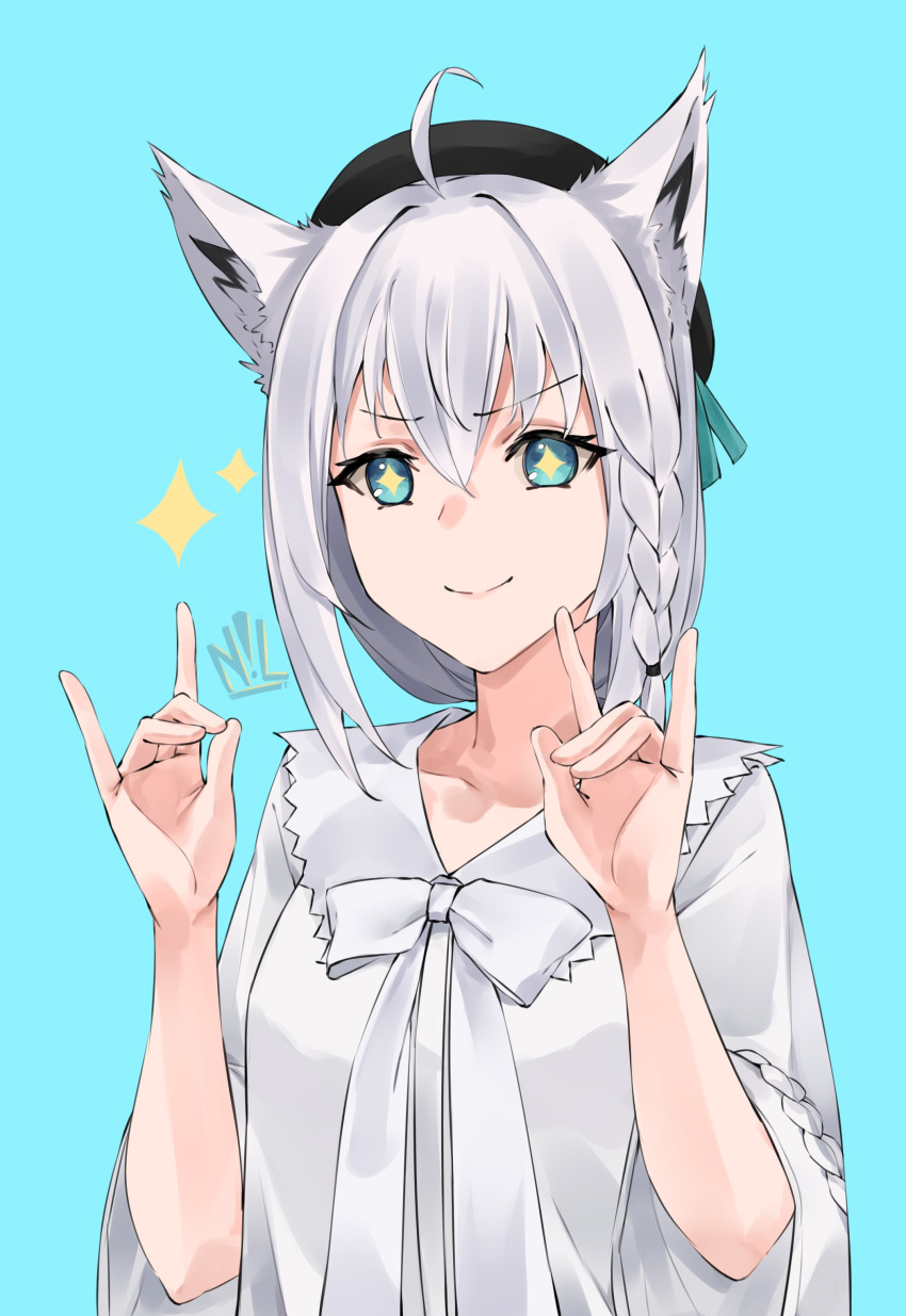 1girl absurdres ahoge animal_ear_fluff animal_ears bangs beret black_hair blue_eyes braid collarbone eyebrows_visible_through_hair fox_ears fox_girl fox_shadow_puppet hat highres hololive looking_at_viewer nillith shirakami_fubuki smile solo star-shaped_pupils star_(symbol) symbol-shaped_pupils virtual_youtuber white_hair