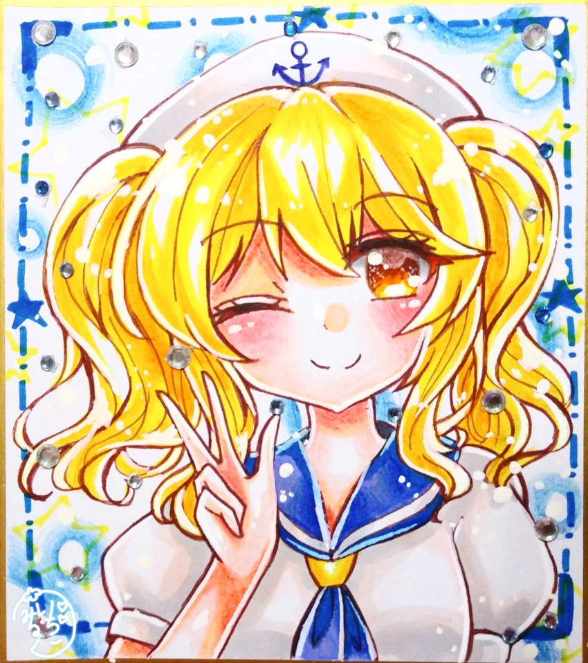 anchor artist_request blonde_hair blue_neckwear blue_sailor_collar blush hat highres kitashirakawa_chiyuri one_eye_closed puffy_short_sleeves puffy_sleeves sailor sailor_collar sailor_hat short_sleeves smile touhou touhou_(pc-98) twintails uniform upper_body v yellow_eyes