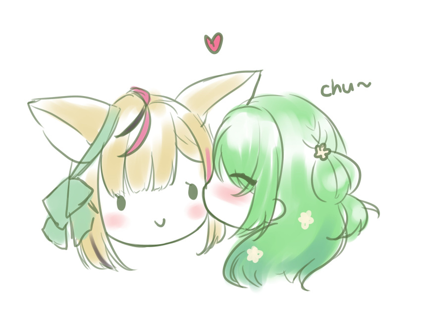 2girls ahoge animal_ears bangs blonde_hair blush ceres_fauna ceres_fauna_(artist) chibi closed_eyes eyes_visible_through_hair flower fox_ears fox_girl green_hair green_ribbon hair_flower hair_ornament hair_ribbon head_only heart highres hololive hololive_english kiss kissing_cheek long_hair multiple_girls omaru_polka ribbon self-portrait sidelocks sketch smile