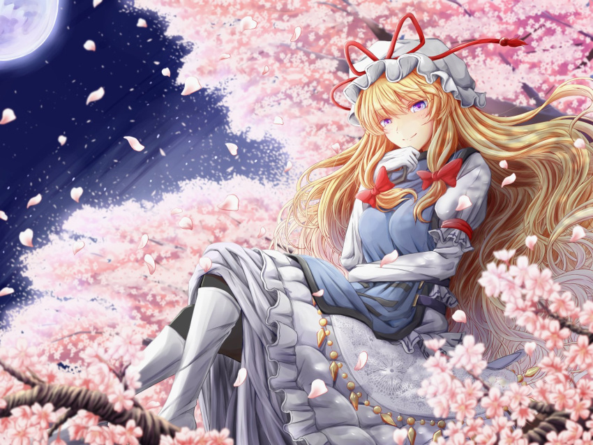 1girl arm_garter bangs blush boots breasts cherry_blossoms commentary_request dress elbow_gloves eyebrows_visible_through_hair frilled_dress frills full_body full_moon gloves hair_ribbon hand_on_own_chin hat hat_ribbon highres in_tree large_breasts looking_at_viewer mob_cap moon night night_sky perfect_cherry_blossom petals puffy_short_sleeves puffy_sleeves red_ribbon ribbon short_sleeves sitting sitting_in_tree sky smile solo tabard tamasan touhou tree violet_eyes white_footwear white_gloves yakumo_yukari