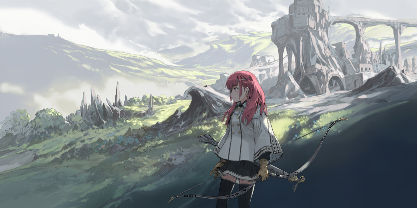 1girl absurdres arms_at_sides arrow_(projectile) bangs blush bow_(weapon) braid brown_gloves buttons closed_mouth clouds cloudy_sky collared_shirt cowboy_shot earrings eyepatch gloves grass grey_legwear grey_skirt highres hirooka_masaki holding holding_bow_(weapon) holding_weapon jewelry long_hair looking_afar looking_away mountain original outdoors pink_hair quiver red_eyes rock scenery shirt skirt sky solo spikes standing thigh-highs weapon white_shirt wide_shot wide_sleeves zettai_ryouiki