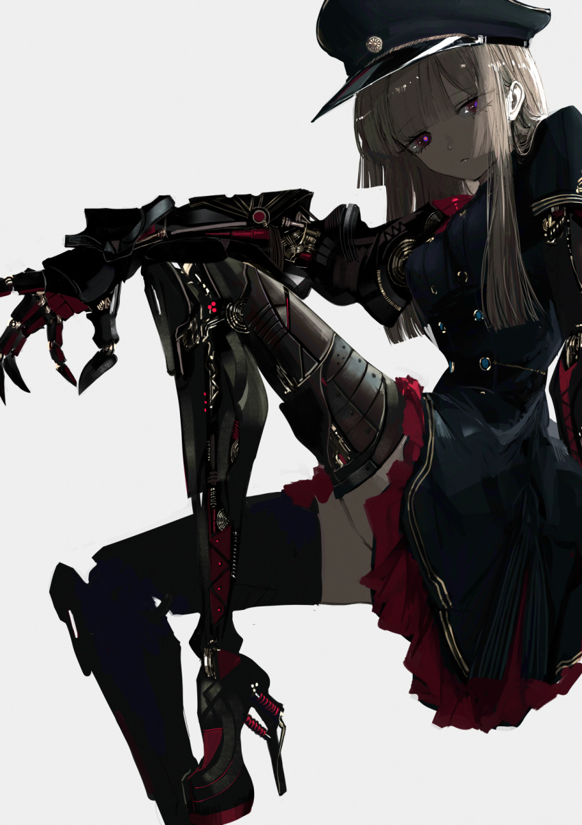 1girl bangs black_dress blush breasts brown_hair buttons double-breasted dress eyebrows_visible_through_hair hat high_heels highres long_hair mechanical_arms mechanical_legs military military_hat military_uniform narue original prosthesis solo uniform violet_eyes