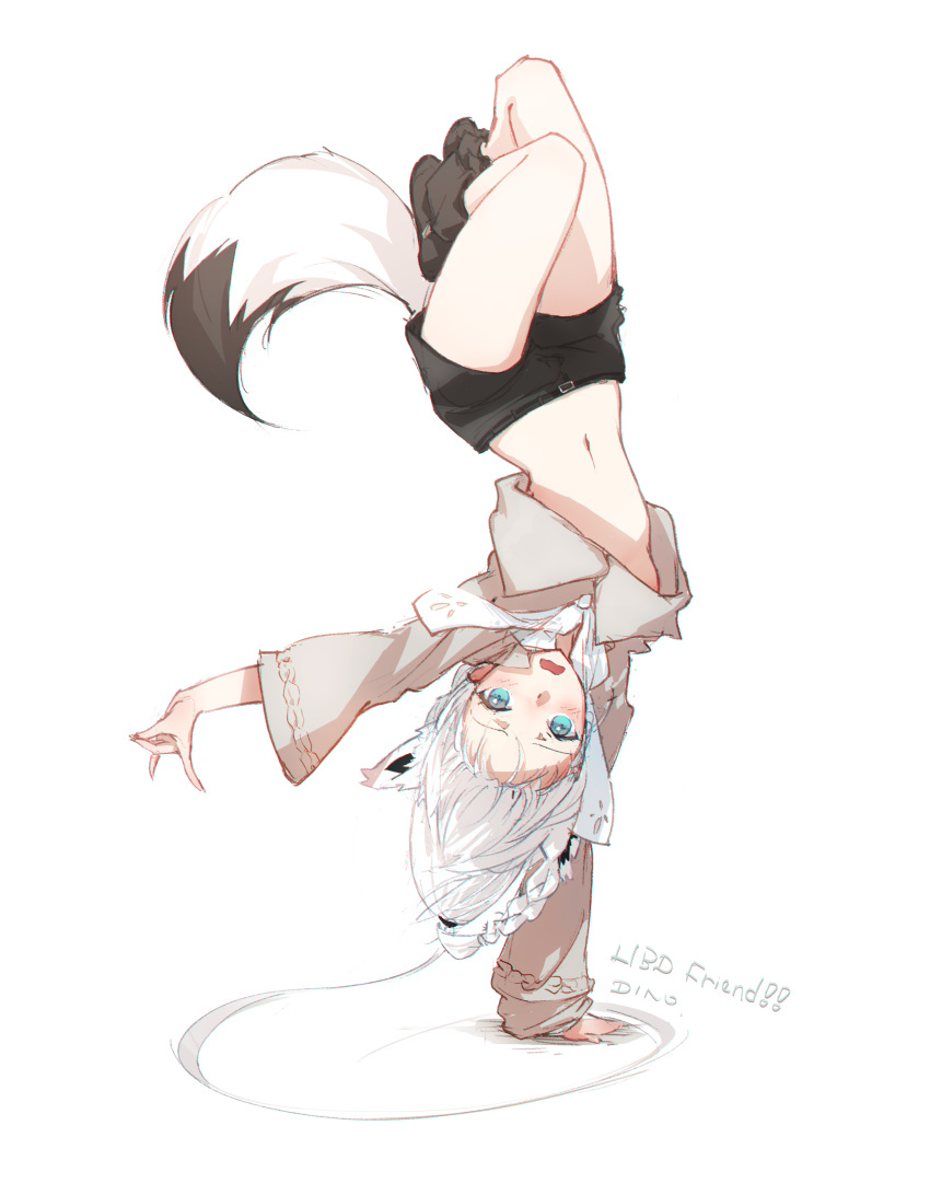 1girl absurdres animal_ears blue_eyes braid casual commentary dino_(dinoartforame) english_commentary fox_ears fox_girl fox_tail handstand highres hololive long_hair midriff navel shirakami_fubuki shorts simple_background solo tail upside-down virtual_youtuber white_background white_hair