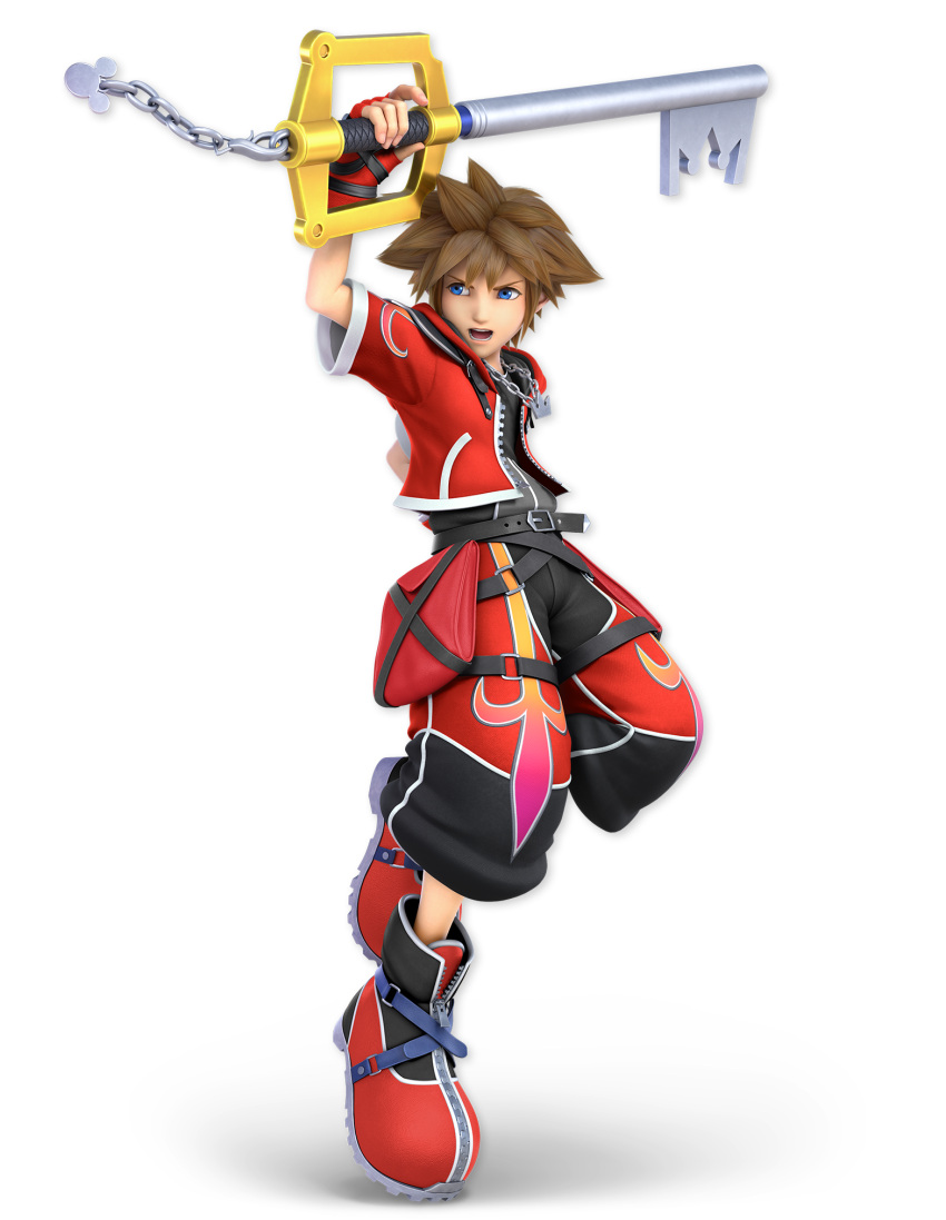 1boy 3d arm_up artist_request baggy_pants bangs belt blue_eyes brown_hair chain cropped_jacket disney fighting_stance fingerless_gloves full_body gloves grey_shirt highres holding holding_sword holding_weapon jacket jewelry keyblade kingdom_hearts leg_up looking_to_the_side male_focus mickey_mouse necklace official_art open_clothes open_jacket open_mouth pants pouch red_footwear red_gloves red_jacket red_pants shirt shirt_tucked_in shoes short_hair short_sleeves sidelocks solo sora_(kingdom_hearts) spiky_hair standing standing_on_one_leg super_smash_bros. sword teeth transparent_background v-shaped_eyebrows weapon wide_sleeves zipper zipper_pull_tab