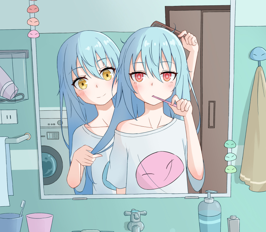 2others absurdres androgynous bangs bathroom blue_hair blush chinese_commentary closed_mouth comb commentary_request contemporary hair_between_eyes highres holding holding_comb holding_toothbrush indoors long_hair looking_at_viewer multiple_others orenji_(user_fknw7775) rimuru_tempest shirt short_sleeves smile tensei_shitara_slime_datta_ken toothbrush washing_machine white_shirt yellow_eyes