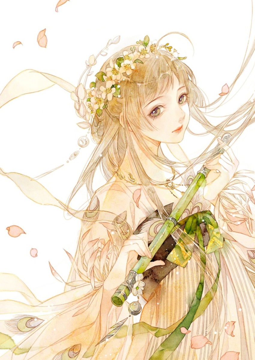 1girl bamboo blonde_hair brown_eyes china_dress chinese_clothes dress flower flute hagoromo hair_ornament hanfu highres holding holding_instrument instrument original petals qingming see-through_sleeves shawl silk transparent wreath yellow_flower yellow_theme