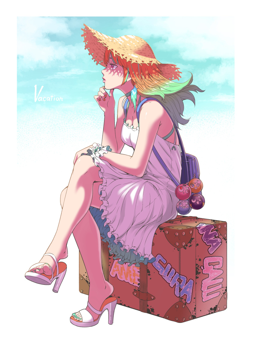 1girl absurdres backpack bag bare_shoulders bra_strap choker clouds commentary_request dress english_text feet frilled_dress frills gawr_gura green_hair hand_on_own_chin hat highres hololive hololive_english legs mori_calliope morishima_hitoshi multicolored_hair nail_polish ninomae_ina'nis orange_hair simple_background sitting sky sleeveless sleeveless_dress solo straw_hat sundress takanashi_kiara toeless_footwear violet_eyes virtual_youtuber watson_amelia