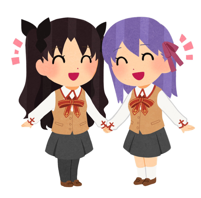 2girls bangs black_bow black_hair black_legwear black_skirt bow brown_footwear brown_vest chibi closed_eyes collared_shirt commentary_request cross_print eyebrows_visible_through_hair fate/stay_night fate_(series) hair_between_eyes hair_bow hair_ribbon highres holding holding_hands homurahara_academy_uniform loafers long_sleeves matou_sakura miniskirt multiple_girls neck_ribbon open_mouth pantyhose parody parted_bangs pink_ribbon purple_hair red_neckwear red_ribbon ribbon school_uniform shirt shoes siblings simple_background sisters skirt smile style_parody tohsaka_rin tsubuta_hiro two_side_up uniform vest white_background white_legwear white_shirt