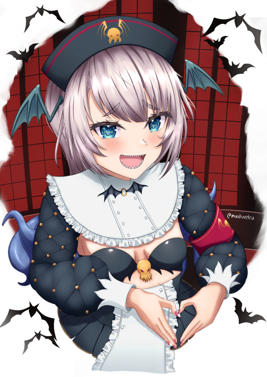 1girl absurdres armband bangs black_bra black_headwear black_skirt blue_eyes blush bra breast_cutout breasts breasts_outside commentary_request eyebrows_visible_through_hair fingernails hat head_wings heart heart_hands high-waist_skirt highres indie_virtual_youtuber long_sleeves looking_at_viewer mashuretsu mole mole_under_mouth open_mouth pink_nails pochimaru_(vtuber) sharp_teeth shrug_(clothing) skirt solo teeth tentacle_hair tentacles twitter_username underwear virtual_youtuber